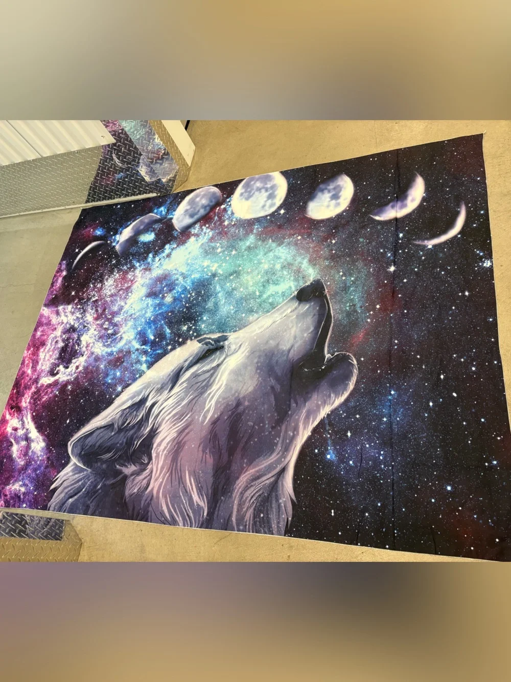 Mystic Wolf Galaxy Moon Cycle Wall Tapestry